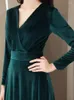 Ethnische Kleidung, elegantes V-Ausschnitt, schlankes Abend-Partykleid, Herbst-Winter, Velours-A-Linien-Kleider, weiblich, Vintage, volle Ärmel, Bankettkleid