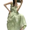 الفساتين غير الرسمية 2023 أزياء الأزهار الأخضر فستان الصيف شبكية حبال منتصف الطول للنساء F613
