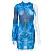 Robes décontractées DSMTRC One Sleeve Paiting Mesh Mini Robe Été Voir à travers Sexy Club Anniversaire Tenue pour les femmes Bodycon en bleu