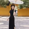 Ethnic Clothing Slim Black Satin Qiapo Pearl Vintage Button Vestidos Chinese Traditional Mandarin Collar Dress Elegant Embroidery Cheongsam