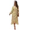 Robes décontractées Mode Femmes Automne Et Hiver Sexy À Manches Longues En Mousseline De Soie Florale Boho Party Vintage Imprimer V Cou Maxi Robe