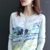 Women's Knits Knitted Cardigan Women's Chiffon Splicing Sweater Spring 2023 And Autumn Loose Printed Top