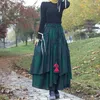 Skirts 2023 Spring Female Retro Casual Rural Style Cotton And Linen Green Plaid Floral Ladies Pleated Asymmetrical Long Women