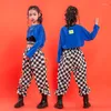 Ropa de escenario, ropa de Hip Hop para niña, sudadera corta azul, Tops, pantalones holgados a cuadros para correr para niñas, traje de baile de Jazz, traje de calle Rave