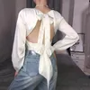 Kvinnors blusar 2023 Spring Vintage Backless Bow Bandage Shirt White V-hals Satin Silk Blusaas Mujer de Moda Verano