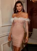 Casual Dresses Pink Shiny Mesh Backless Off Shoulder Women Dress Chest Feather Design Long Sleeve Bodycon Bandage Mini Sexy Party Club