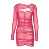 Casual jurken Sexy Rose Red Square kraag Uitgevallen Draped Mini Dress Mesh Zie door dames drawstring bodycon club 2023 herfst