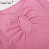 Casual Dresses Nadafair Sexy Hollow Out Bodycon Mini Dress Pink Ribbe Knitted Sheath Women Solid Long Sleeve Autumn Party Club Night