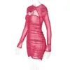 Robes décontractées Sexy Rose rouge col carré recadrage drapé Mini robe maille voir à travers dames cordon moulante Club 2023 automne