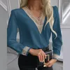 Kadınlar bluzlar Blusas Sonbahar Dantel Uzun Kollu Gömlek Kadınların üstleri katı v Boyun Nakışları Blosues Sıradan Satin İpek Şifon Gömlekleri 15777