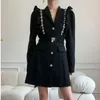 Women's Suits Heavy Industry Rhinestone Black Swan Suit Dress 2023 Autumn French Ruffle Waist Closing Long Sleeve V-neck Small Skirt