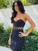 Casual Dresses Sexig V-ringning av axelmask Slim Fit Midi Dress Summer Elegant Black Strapless Patchwork Designer Corset Celebrity Partycas