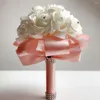 Decorative Flowers Wedding Bride Bouquet Artificial Roses With Silk Satin Ribbon Foam Handmade Bridesmaid Party Decoration