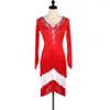 Abbigliamento da palcoscenico Abito da ballo latino con strass lucidi Vestito da donna sexy con scollo a V rosso Gonna con frange a maniche lunghe Abbigliamento da festival femminile