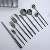 Conjuntos de talheres durtens 6pcs preto utensílios de jantar preto faca garfo de frutas longa maçaneta mexendo colher de talheres de aço inoxidável cozinha de festas