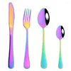Dinnerware Sets 4Pcs Silver Cutlery Set Knife Fruit Fork Tea Spoon Colorful Handle Stainless Steel Tableware Party Kitchen Tool