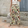 Calça feminina de verão e outono Fashion Feminino Casual Coloque a cintura alta elástica sola as calças de perna larga de pernas