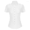 Women's Blouses BP Women's Shirt Solid Dress Defined Waist Short Summer Sleeve Slim Fit Button Down Casual Placket Curved Hem Tops