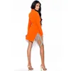 الفساتين غير الرسمية بالجملة النسائية 2023 سوداء برتقالية طويلة الأكمام الطويلة v-neck سلسلة الراين