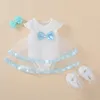 Robes de fille née 2023 Robe de bébé Vêtements de nœud blanc d'été With Rompers Chaussures Band 3pcs Set Fashion Jumps Cuit 1 2 ans