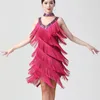 Vestidos casuais mulheres sexy Mulheres duplas V Vestido de Fringe com lantejoulas de pescoço de pescoço lantejacho Mini salsa rumba samba jazz latino dança de dança