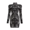 Casual Dresses Women Geometric BodyCon Dress Long Sleeve Viscose Blended Turtleneck Velvet Trim Quality Optical Illusion Mini