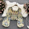 Women's Blouses Chic Chiffon Crop Printing Blouse Fashion Puff Sleeve Women Sweet Tops Spring Summer Casual Korean Elegant Elastic Slim Top