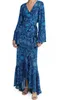 Casual Dresses Floral Print Mönster tryckt kvinnor Vintage Dress Långärmning Semester V-ringningsbälte Sashes Lady Ball Gown