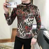 Men's T Shirts Autumn Red Leopard Print T-Shirts For Men Clothing Long Sleeve Turtleneck Pullovers Slim Fit Casual Tee Shirt Homme 3XL-M