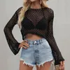 Menas de banho feminina encobrir Mesh Top Sexy Women Crochet Fishnet Beach Tops Veja através de Hollow Out Bikini Pullover Logo