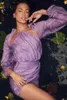 Повседневные платья Женщины без спинки пурпурная мини -повязка платья платья фонарика главная улица Элегантная 2023 Осенняя мода