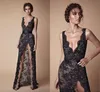 Black en dentelle perle fendue Prom Prom Robes modestes mode V-Neck Sexy Sexy Full Longue Berta Evening Occasion Robe