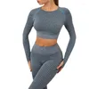 Set attivi Tuta da yoga senza cuciture Pantaloni sportivi a righe a vita alta T-shirt a maniche lunghe con ombelico esposto Set fitness da palestra