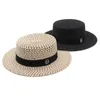 Breda randen hattar sommarkvinnor sunhat platt toppväv halmlock för kvinnlig 56-58 cm huvudomkrets utomhus strand semester liten Ty0092bredd ol