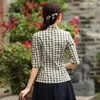 Ubranie etniczne Cheongsam Kobiety plus rozmiar krótkie topy 2023 Autumn Botton Blend Plaid Slicin Stand Okoł Chiński styl retro qipao koszule