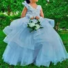 Meisje jurken blauwe bloemenmeisjes voor bruiloft illusie lange kanten mouwloze tule kinderen feest brutemade kinderen jurken