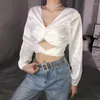 Blouses femmes 2023 printemps Vintage dos nu nœud Bandage chemise blanc col en v Satin soie Blusas Mujer De Moda Verano