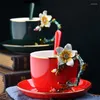 Koppar Saucers European Style Ceramic Handmade Emamel målade 3D Flower Coffee Cup med Saucer Set Office Afternoon Teacup Porcelain Milk MUG1