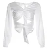 Bluzki damskie 2023 Spring Vintage Backless Bandage Bandage Koszulka Biała Satynowa Satyna w szyku V-Neck Satin