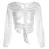 Women's Blouses 2023 Spring Vintage Backless Bow Bandage Shirt White V-neck Satin Silk Blusas Mujer De Moda Verano