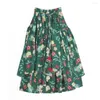 Skirts 2023 Spring Female Retro Casual Rural Style Cotton And Linen Green Plaid Floral Ladies Pleated Asymmetrical Long Women