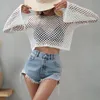 Menas de banho feminina encobrir Mesh Top Sexy Women Crochet Fishnet Beach Tops Veja através de Hollow Out Bikini Pullover Logo