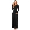 Casual jurken dames maxi jurk zomer solide adies lange mouw pocket vloer lengte mode o nek vrouwelijke rokken straatkleding