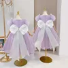 Girl Dresses Summer Kids Girls Tulle Dress For Birthday Party Princess Puff Sleeve Gown 3-8Y Little Bow Stripe Glitter Sequins