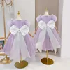 Robes d'été en Tulle pour filles, tenue de princesse à manches bouffantes, pour fête d'anniversaire, avec petit nœud, rayures et paillettes, pour enfants de 3 à 8 ans