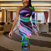 Lässige Kleider Neonfarbe Swirl Maxikleid Langarm Bunte Flüssigkeit Druck Ästhetisch Figurbetont Herbst Side Split Vintage VestidoCasual