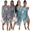 Casual Dresses Geometric Printed Shirt Midi Dress Women Long Sleeve Single Breasted Party Streetwear Loose Fit Belt Vestidos