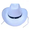 Basker mode vintage cowboy hatt västerländsk stil stor kurva gräl hattar med hakband fedora filt cosplay tillbehör för män kvinnor