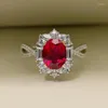 Anéis de casamento 925 Jóias vintage de prata Oval Red de zircão cúbico Anel aberto para mulheres noivado de noiva Luxo de Luxo Full Paving Stone