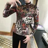 Men's T Shirts Autumn Red Leopard Print T-Shirts For Men Clothing Long Sleeve Turtleneck Pullovers Slim Fit Casual Tee Shirt Homme 3XL-M